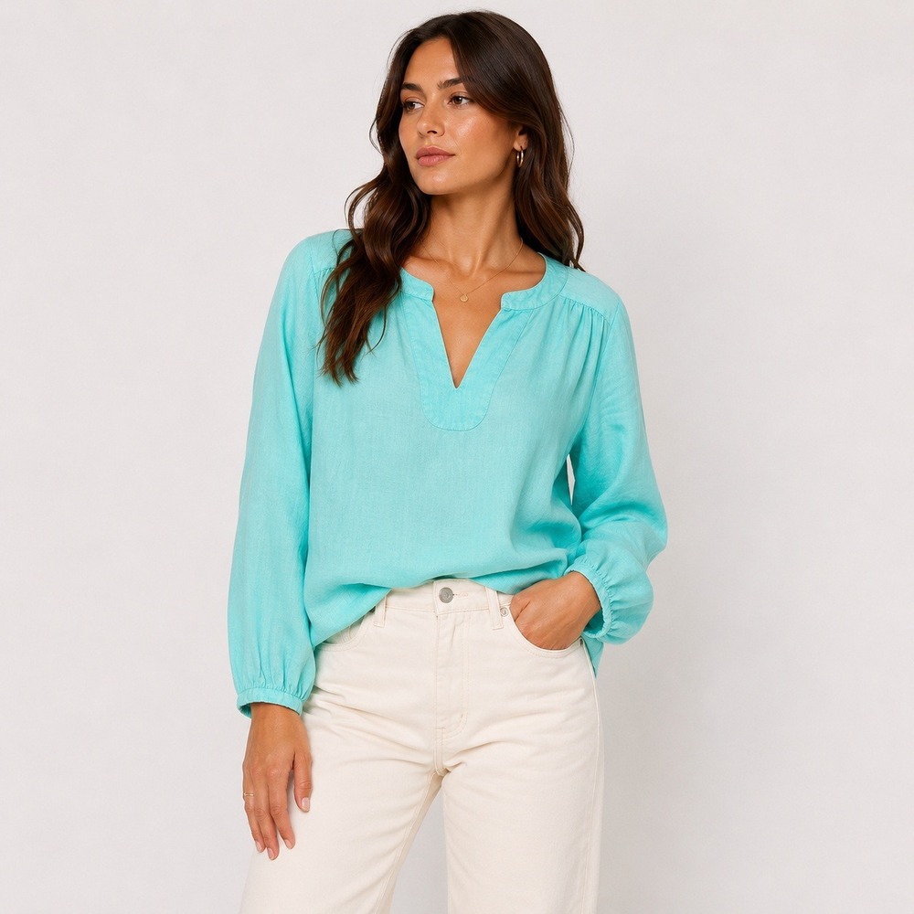Halston 100% Linen Tunic Women Small Aqua Blue Split Neck Summer Boho Blouse